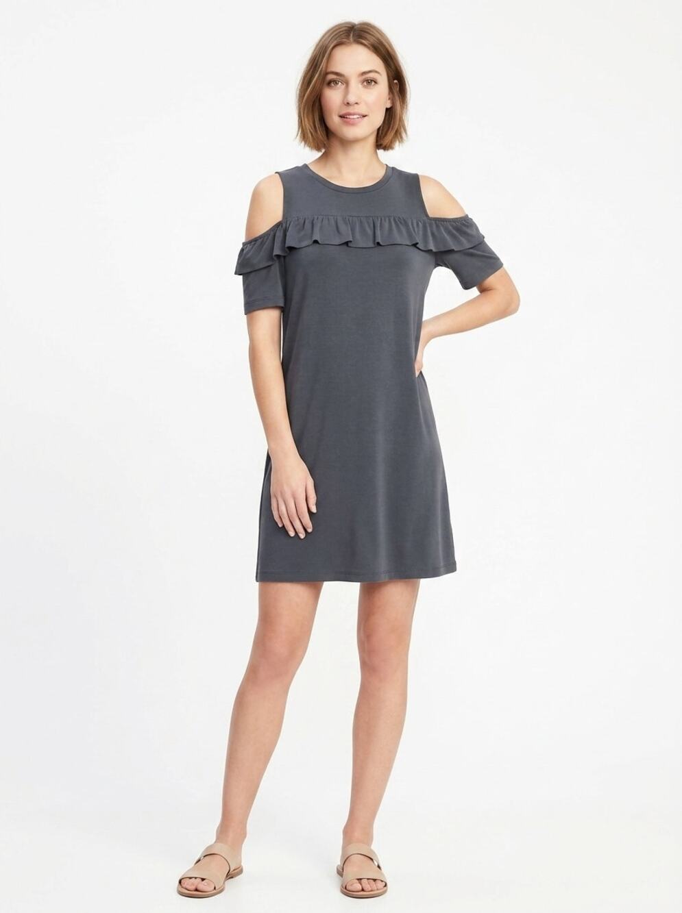 Loft Cold Shoulder Ruffle Knit Dress Short Sleeve Women SeeMeasurements